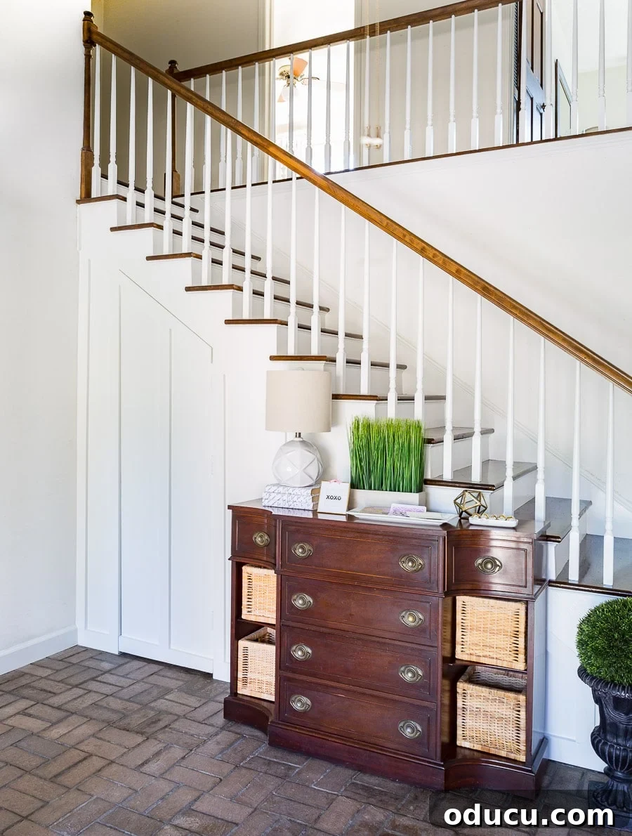 DIY Wicker Basket Color Makeover 2 Closet with hidden door under staircase and sideboard with wicker baskets