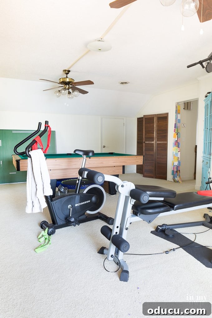 The Inaccessible Game Den 9 Home gym equipment including a Bowflex, exercise bike, and Pilates Reformer, illustrating the room's multi-functional design.