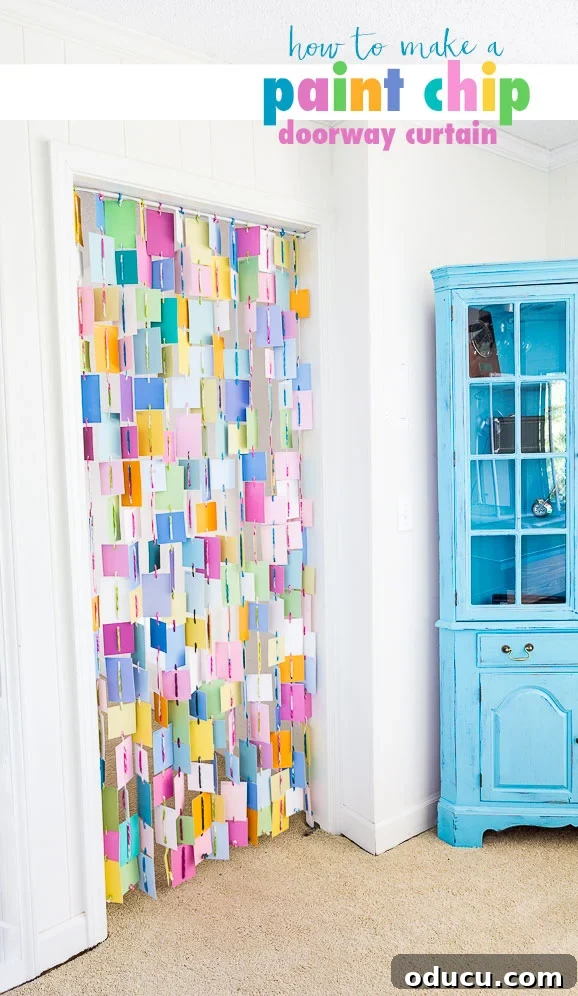Palette Chip Portal Curtain 2 Paint Chip DIY for your home decor. When you're planning on painting your walls, you'll find yourself with more paint chips than you know what to do with. Given that they come in such pretty colors, it almost seems like a shame to throw them away... DON'T make a doorway curtain or a window curtain using them. If you don't have paint chips, use scrap book paper card stock.