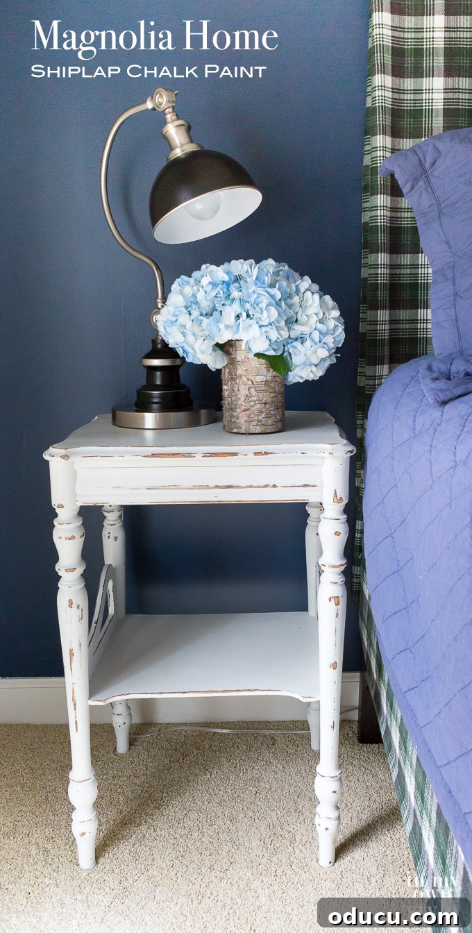 Magnolia Home Chalk Finish Nightstand 15 Magnolia-Home by Joanna Gaines-Chalk-Painted-Table-in-the-color-Shiplap. #FixerUpper #MagnoliaHome #KILZ #JoannaGaines #chalkpaint #furniturebeforeandafter #thriftstorefurniture