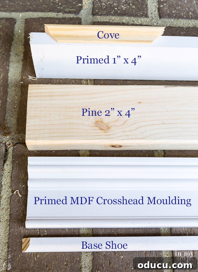 Essential wood molding types required to create the decorative top for a headboard made from old doors