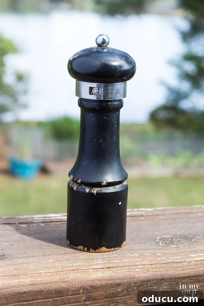 Everyday Magic in Miniature Moments 2 A worn wood pepper grinder in desperate need of a DIY makeover to restore its beauty and functionality.