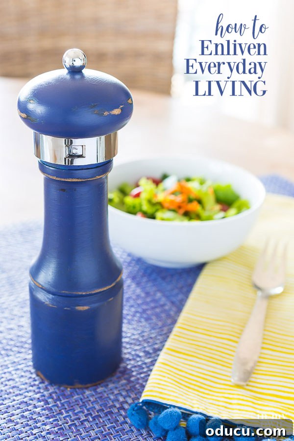 Everyday Magic in Miniature Moments 9 Discover how to enliven everyday living with paint. Featuring a navy blue pepper grinder, learn how to paint any small wooden object with chalk paint or any paint to perfectly coordinate with your home decor colors. #enliveneveryday #chalkpaint #kitchengadgets #DIYkitchen