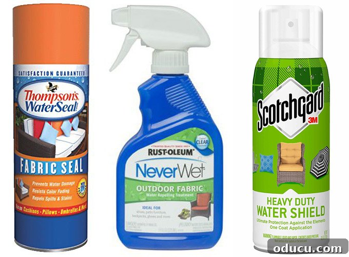 From Neglected Stool to Elegant Ottoman 16 Three different fabric spray brands commonly used to waterproof outdoor fabric, including Rustoleum, Scotchgard, and Thompson's.