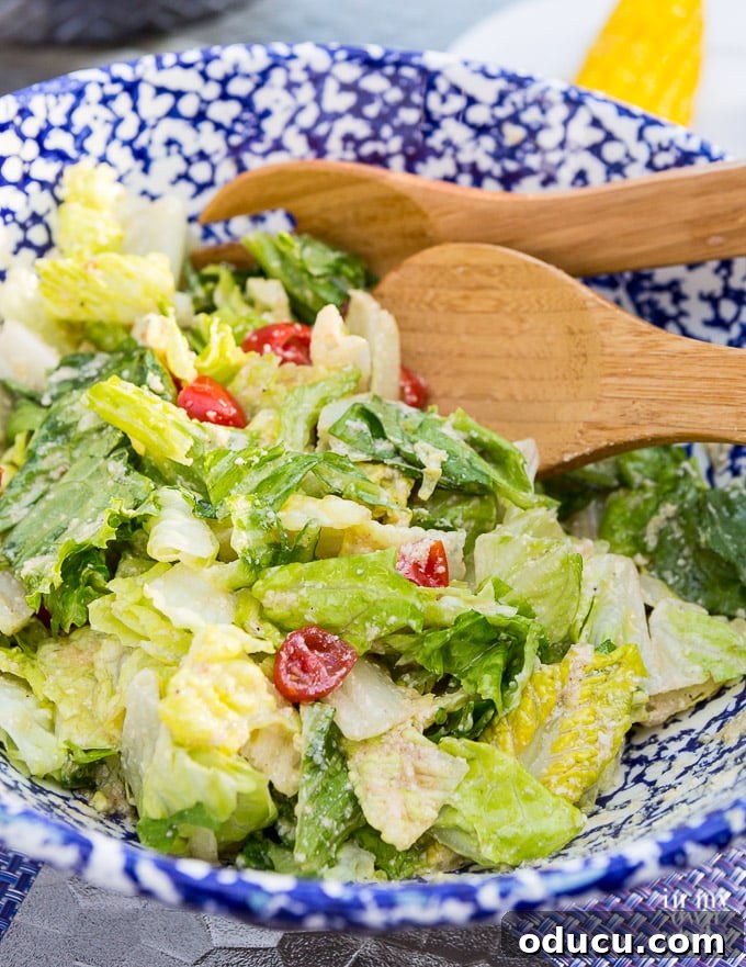 The Ultimate Anchovy-Free Caesar Salad 13 Close up of salad ready to serve.