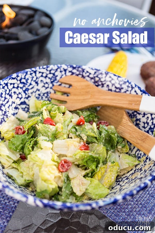 The Ultimate Anchovy-Free Caesar Salad 14 Image is a graphic showing Caesar Salad on table with the words written across it saying no anchovies Caesar Salad.