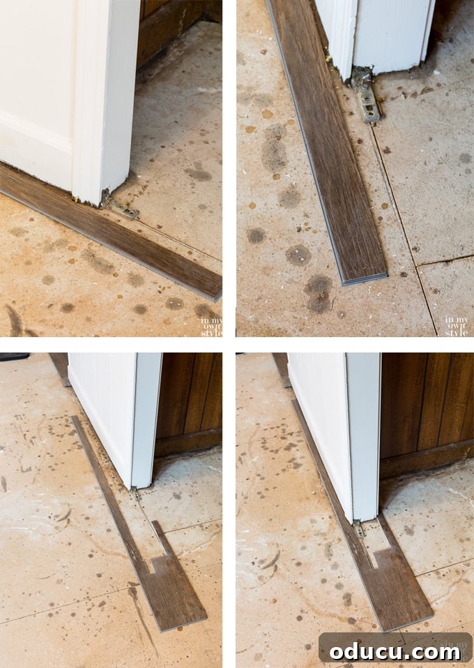 Measuring and cutting luxury vinyl plank around door frame