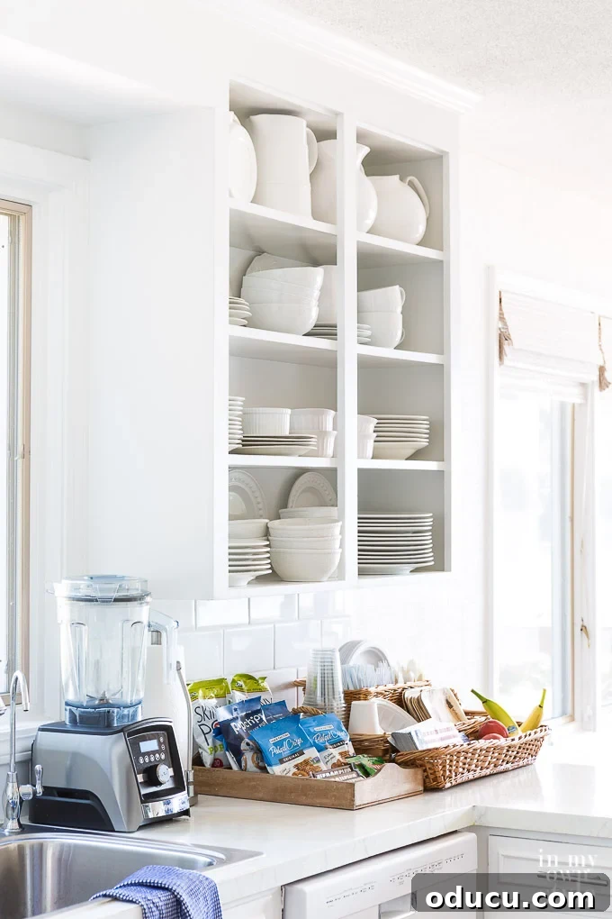 Kitchen setup for guests to easily access food and drinks