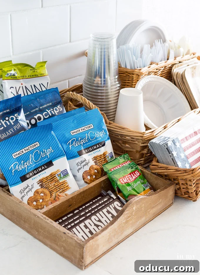 Kitchen Snacks ideas and entertaining tips for overnight guests. #entertaining #guestroom #kitchen #overnight #food #snackideas Neatly arranged kitchen snacks and food ideas for overnight guests, highlighting entertaining tips