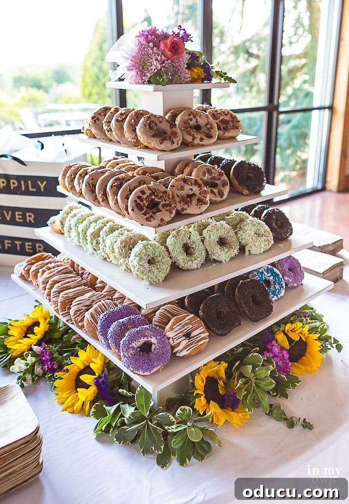 Build a Stunning Stacked Donut Wedding Centerpiece 5 How to make a DIY tiered donut stand for a wedding or party.