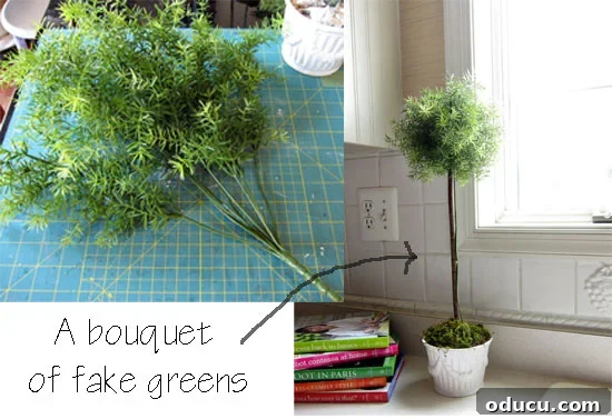 After-How-to-make-a-fake-to Close-up of artificial plants chosen for a DIY faux topiary project.