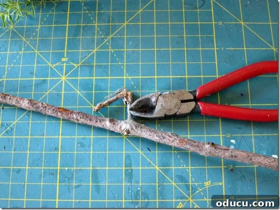 Craft Your Own Lifelike Topiary 3 Cutting a tree branch to the desired height for a faux topiary stem.