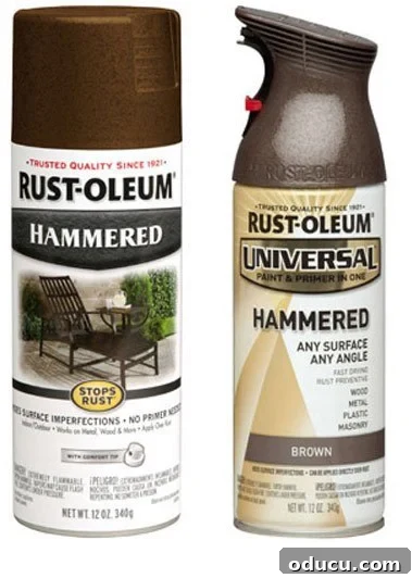 Hammered Brown Spray paint from Rustoleum is the best spray paint to use on outdoor metal furniture. Hammered Brown Spray paint from Rustoleum