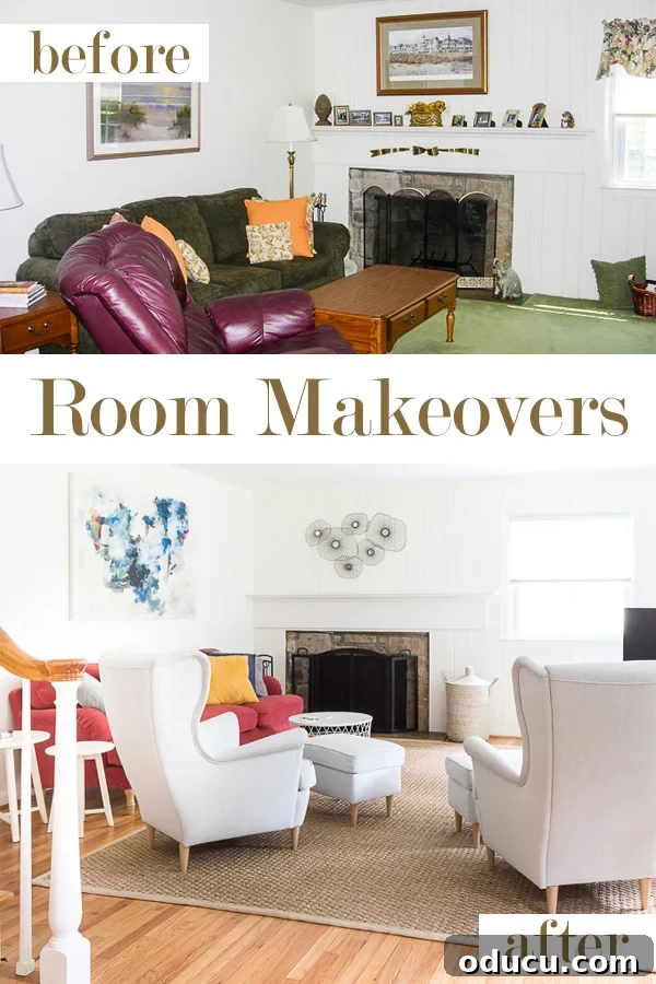 A striking before-and-after comparison of a dining and living room makeover, showcasing the dramatic transformation achieved with furniture from IKEA and West Elm.