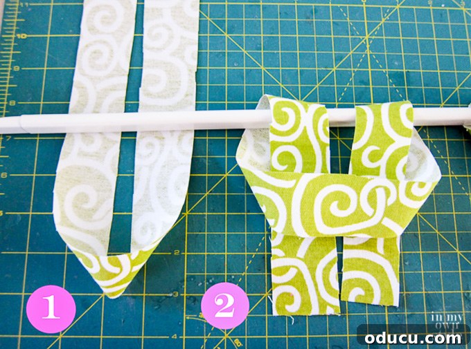 How to tie strips of fabric on curtain rod