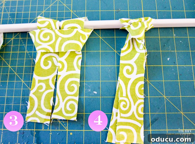 Tied on strips of fabric on rod