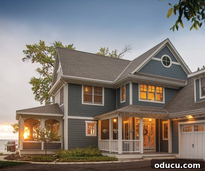 House exterior with James Hardie siding in grey James Hardie sided house near lake with exceptional durability