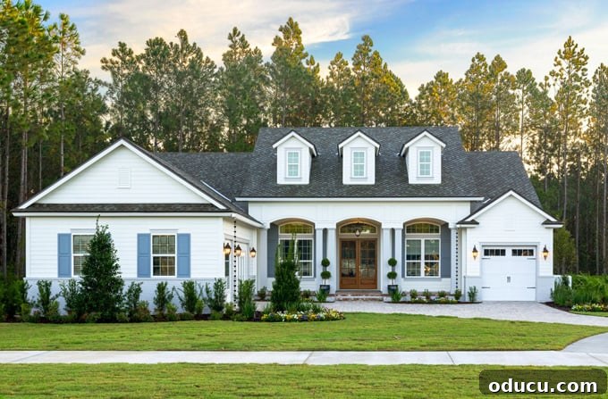 James Hardie white siding on house with blue shutters James Hardie white siding on house with blue shutters, a classic combination