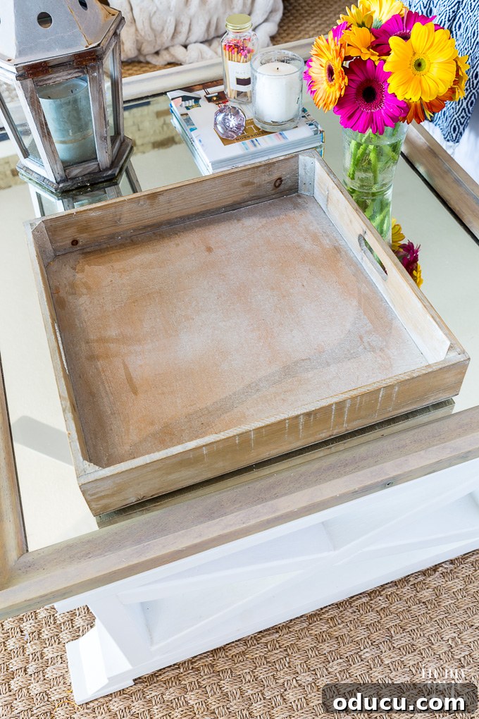 Square wood coffee table tray ready for a fall styling project Empty square wood coffee table tray waiting for fall decor styling