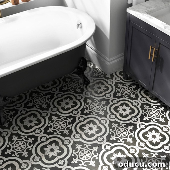 Della-Torre-Black-and-White-Ceramic-Tile in bathroom setting Bathroom floor showcasing trendy black and white ceramic tile pattern