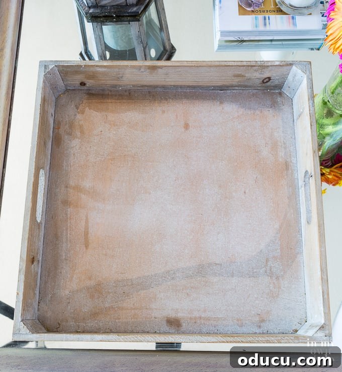 Wood tray before its stunning tile transformation Plain wood tray shown before its trendy tile makeover