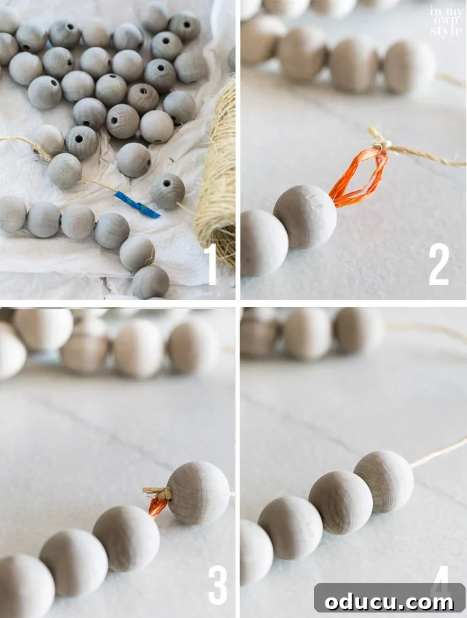 Craft Your Own Driftwood Bead Garland Featuring Colorful Raffia Tassels 2 A four-step visual guide on how to string wood beads onto twine to create a DIY wood bead garland with raffia tassels.