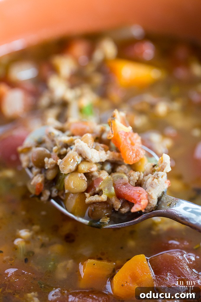A spoonful of Italian Sausage and Lentil soup being lifted from the bowl, showcasing its richness.