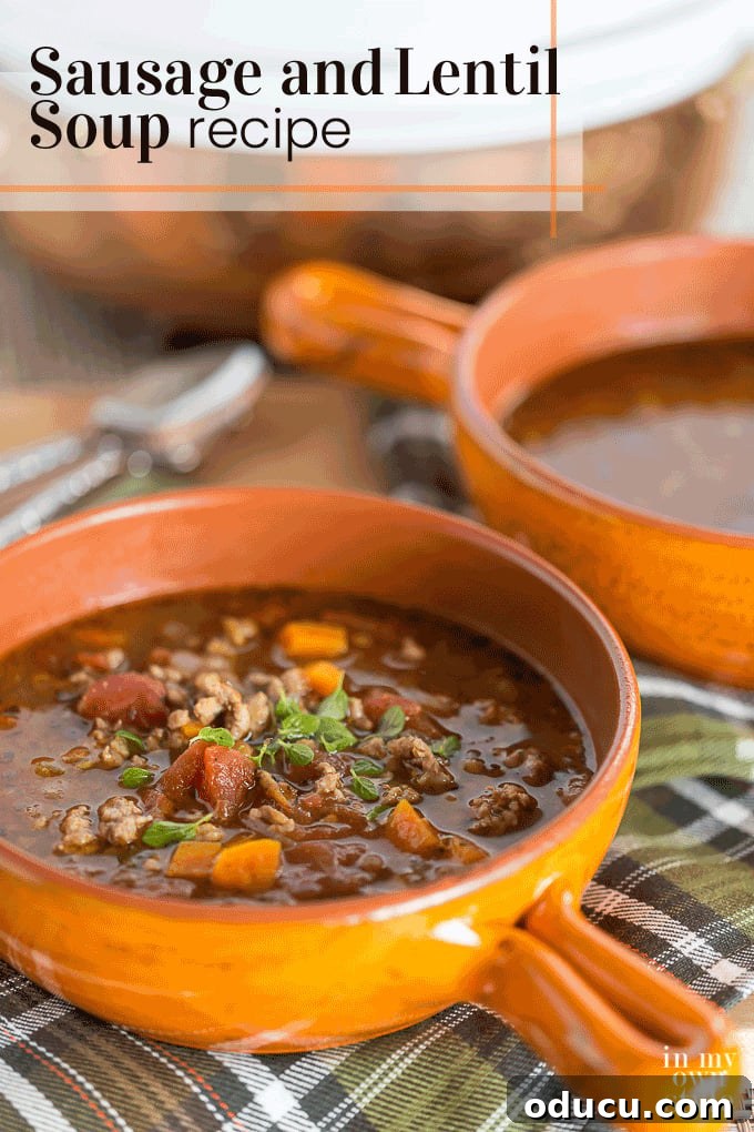 Sausage and Lentil Soup recipe card image, perfect for sharing on social media.