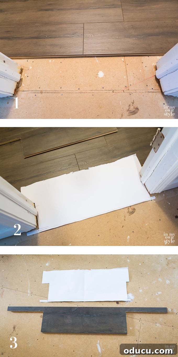 Floor Makeover: From Carpet to Laminate Wood 7 Step-by-step visual guide on how to cut laminate flooring to fit around doorways using a template.