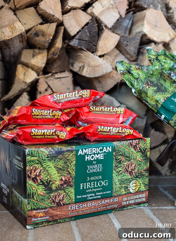 American Home by Yankee Candle Fresh Balsam Fir scented firelogs and Pine Mountain StarterLoggs are the easy way to start a fire in a fireplace. Pine Mountain Firelogs in the scent Balsam Fir, emphasizing easy fire starting solutions.