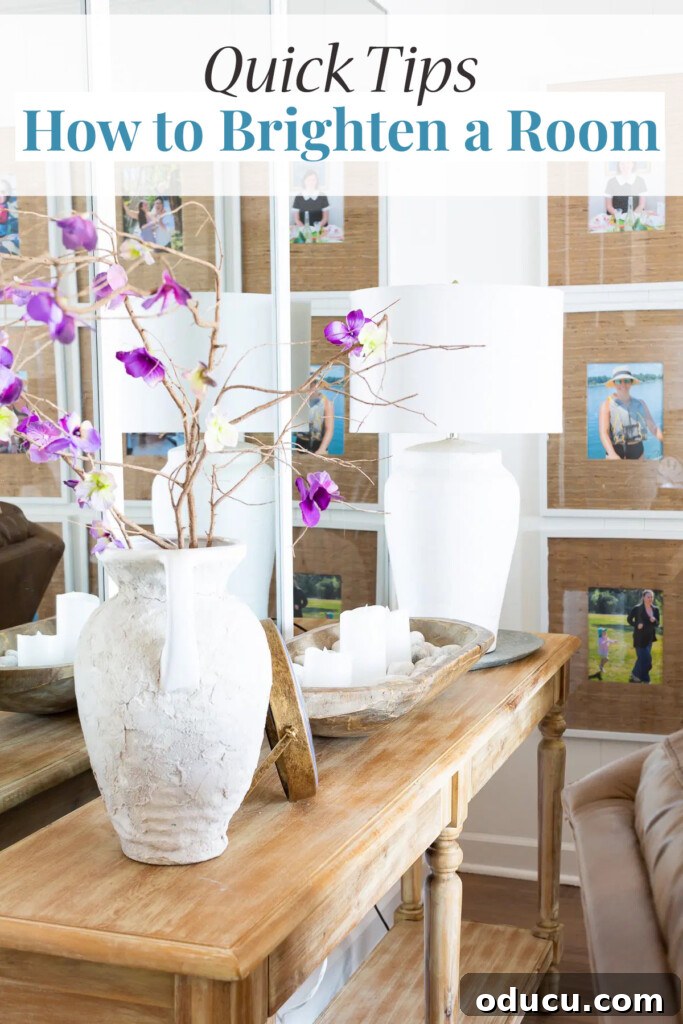 8 tips and tricks that will show you how to brighten a dark room in your home. Some can be done in minutes, others might take a day, but all of them will remove dark a drab from any room. Even one without natural light. #roomlighting #lightingtips #darkrooms #lamps #whiterooms #northfacingroompaint A collection of easy and quick decorating tips illustrating how to brighten a room in a home effectively.