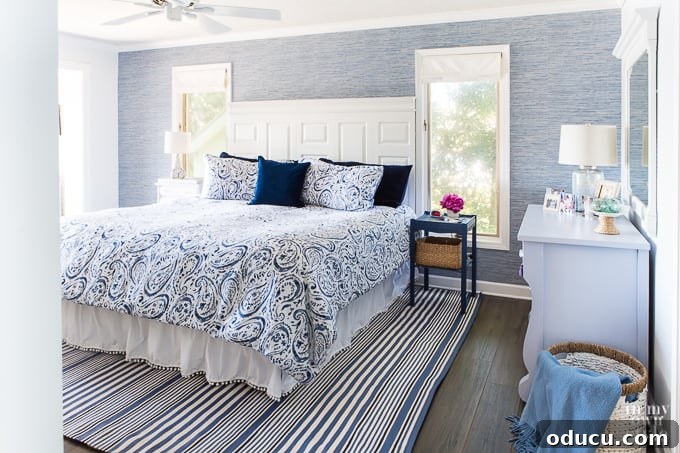 Bedroom Refresh Wallpapered Accent Wall 7 Blue grasscloth on accent wall in master bedroom