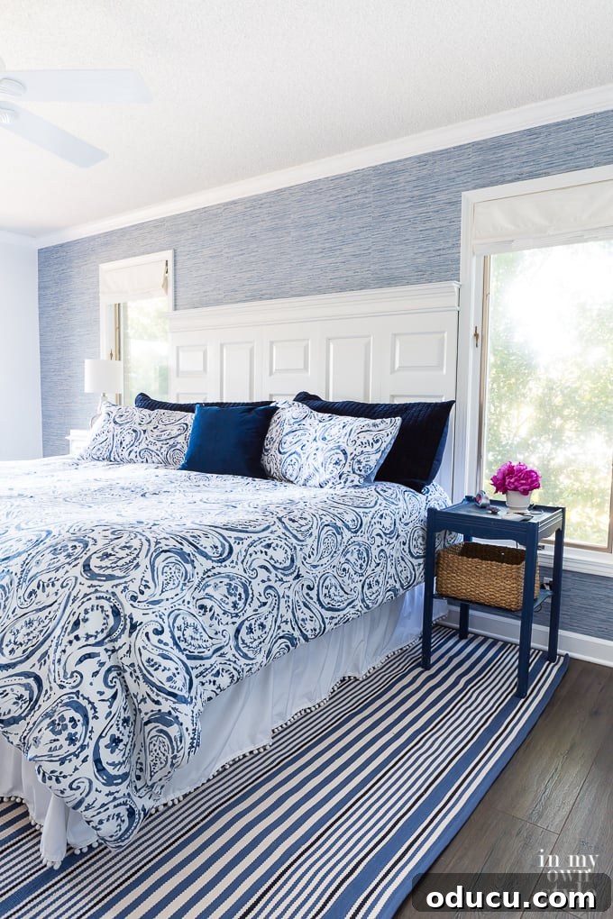 Bedroom Refresh Wallpapered Accent Wall 9 Blue grasscloth accent wall in bedroom