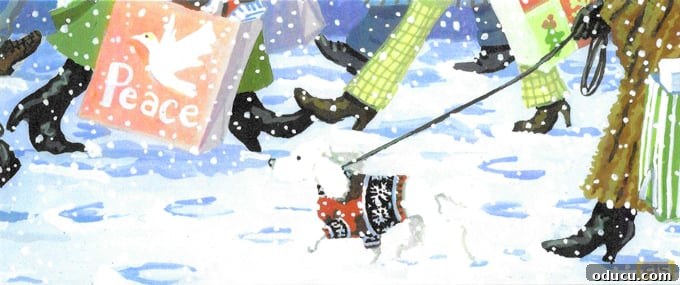 Make Christmas shopping less stressful by planning a festive day out and about in a nearby town or city decorated for the season. An illustration depicting festive Christmas shoppers bustling along a snowy city street, embodying the lyric 'City sidewalks, busy sidewalks dressed in holiday style.'