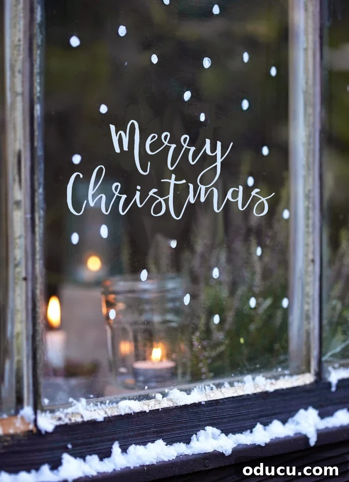 Tips for Simplifying Christmas Decorating around a home A snowy window with 'Merry Christmas' written on it, illuminated by a warm candle inside, creating a classic festive scene.