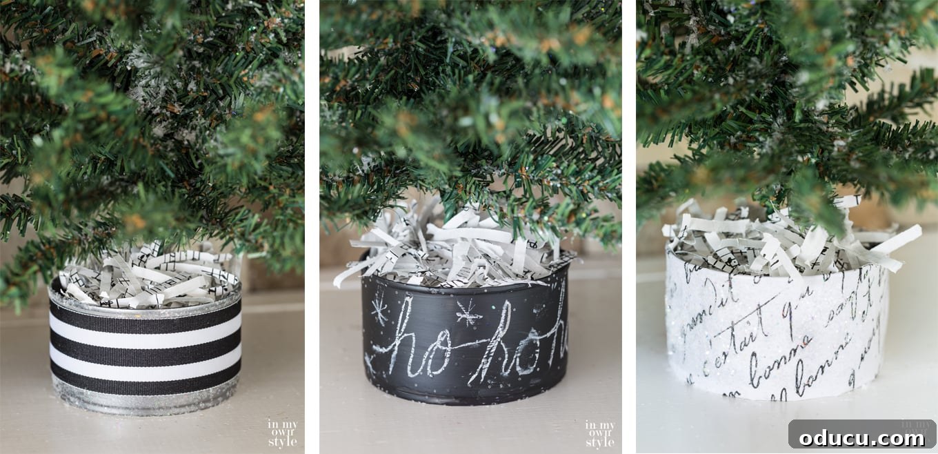 Tiny Tree, Big Style: Base Decor Hacks 6 Mini Christmas tree bases restyled using paint, ribbon, and glitter to create unique and personalized holiday decorations.