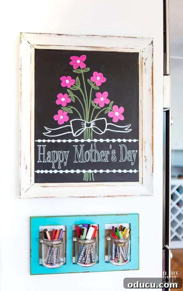 Inspiring Mother's Day Chalkboard Art Idea Chalkboard art featuring a Mother's Day design with flowers and elegant script.