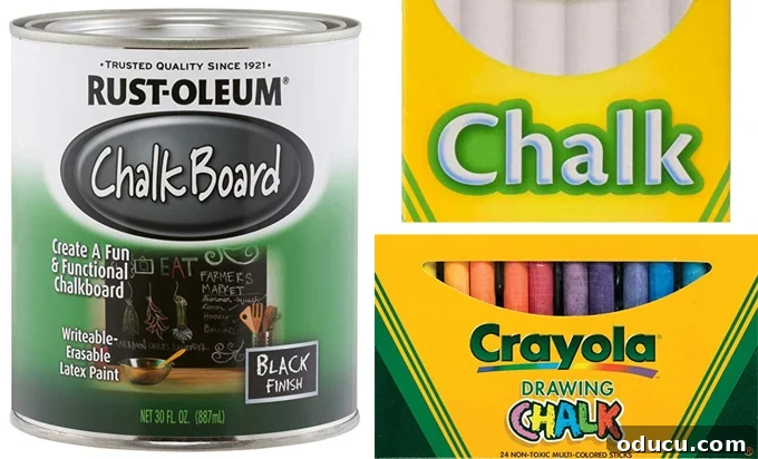 DIY Chalkboard Wall: Tools and Materials Checklist Essential supplies needed for painting a chalkboard wall, including paint, rollers, and tape.