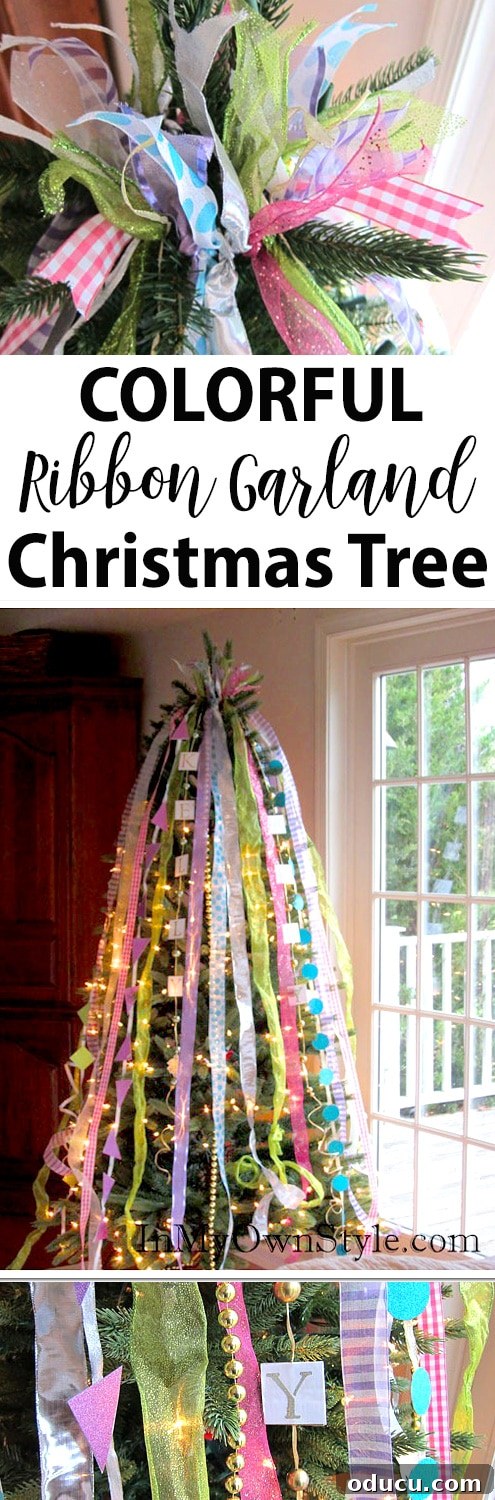 Beyond Baubles: Creative Tree Styling 15 Christmas tree garland ideas to make using ribbon, shown with vertical ribbons