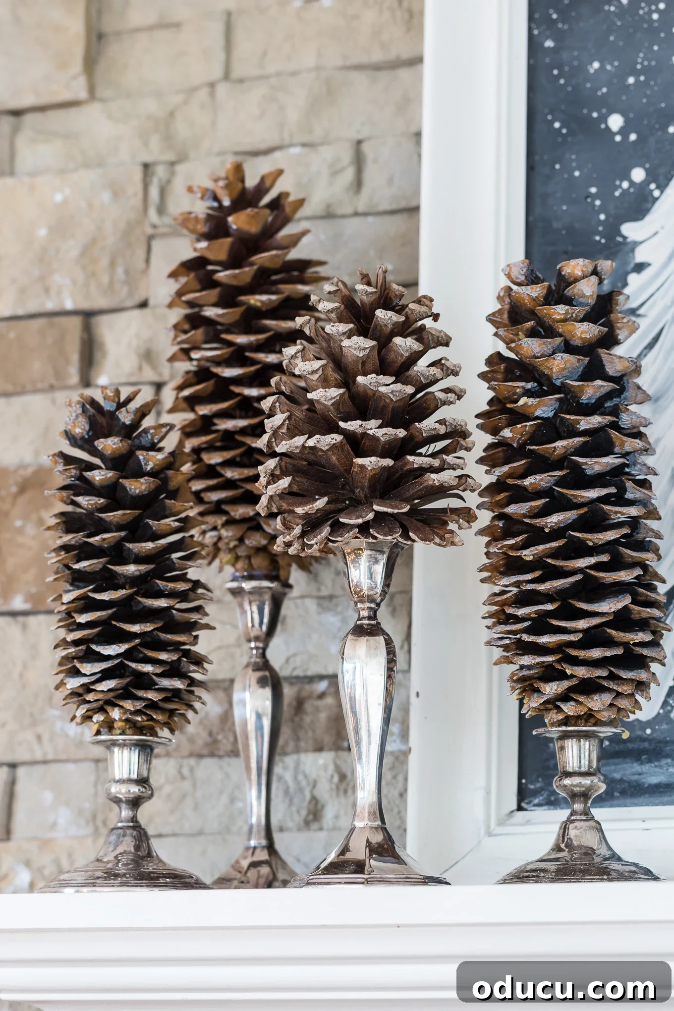 Large pinecones mounted on silver candlesticks on a mantel decorated for Christmas pinecones mounted on silver candlesticks on a mantel decorated for Christmas, a perfect blend of natural and refined