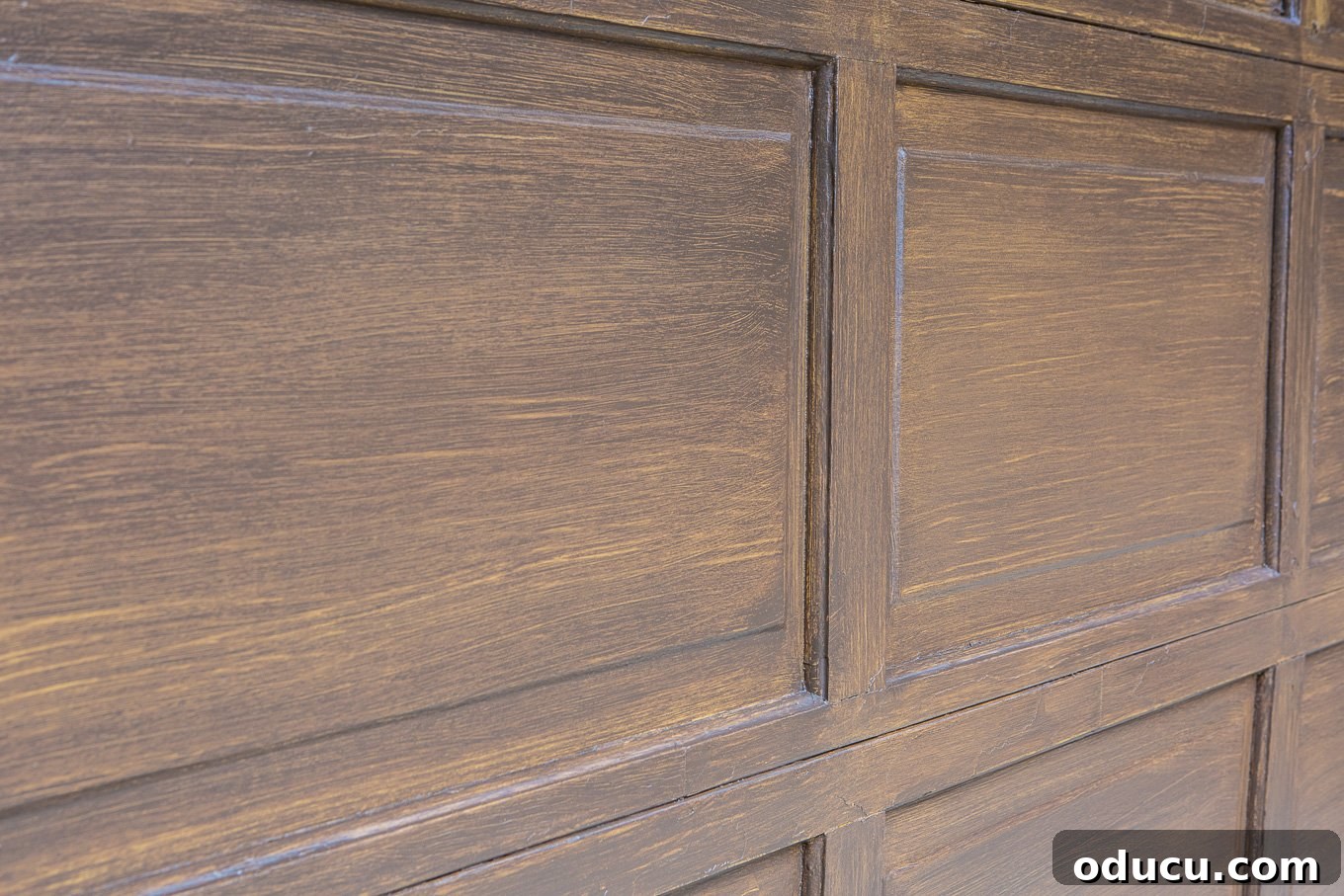 Paint Your Garage Door to Mimic Stained Wood: A DIY Transformation 11 Close-up of a garage door panel with faux stained wood finish, highlighting the woodgrain