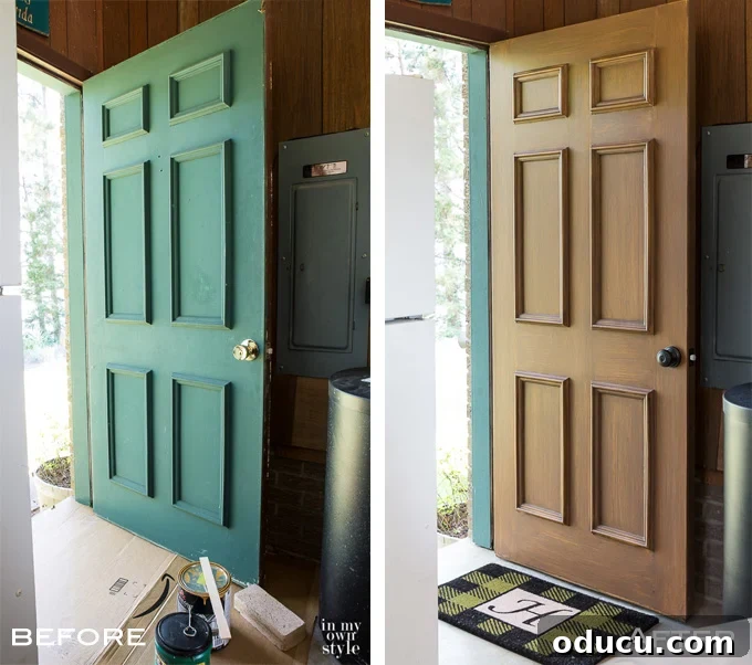 Paint Your Garage Door to Mimic Stained Wood: A DIY Transformation 5 Before and after faux woodgrain painting makeover on a smaller exterior door