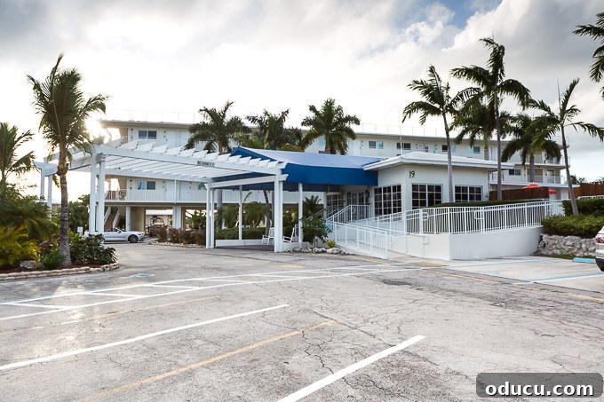 Keys Island Drive Adventure 5 Exterior view of SkipJack Resort on Marathon Key, Florida, showing empty parking lot