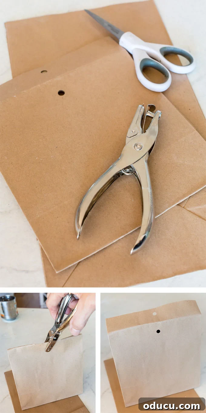 Elevate Your Loaf Cake Gifts with Festive Wrapping 11 Detailed step-by-step showing how to punch a hole in a paper bag for a gift bag for baked goods.