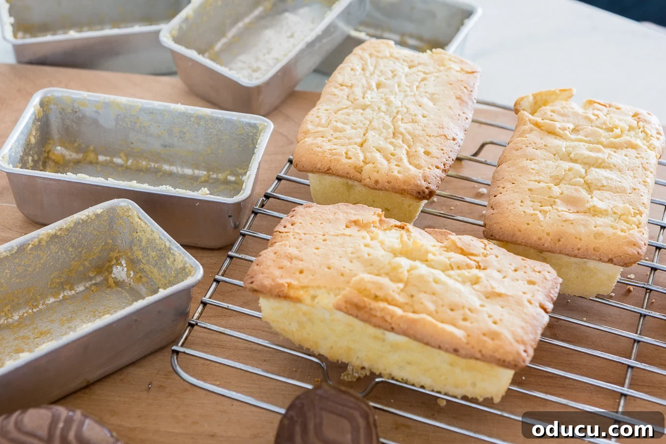 Elevate Your Loaf Cake Gifts with Festive Wrapping 9 Oven fresh mini loaves of Old Fashioned Lemon Pound Cake, perfectly golden and ready for cooling.
