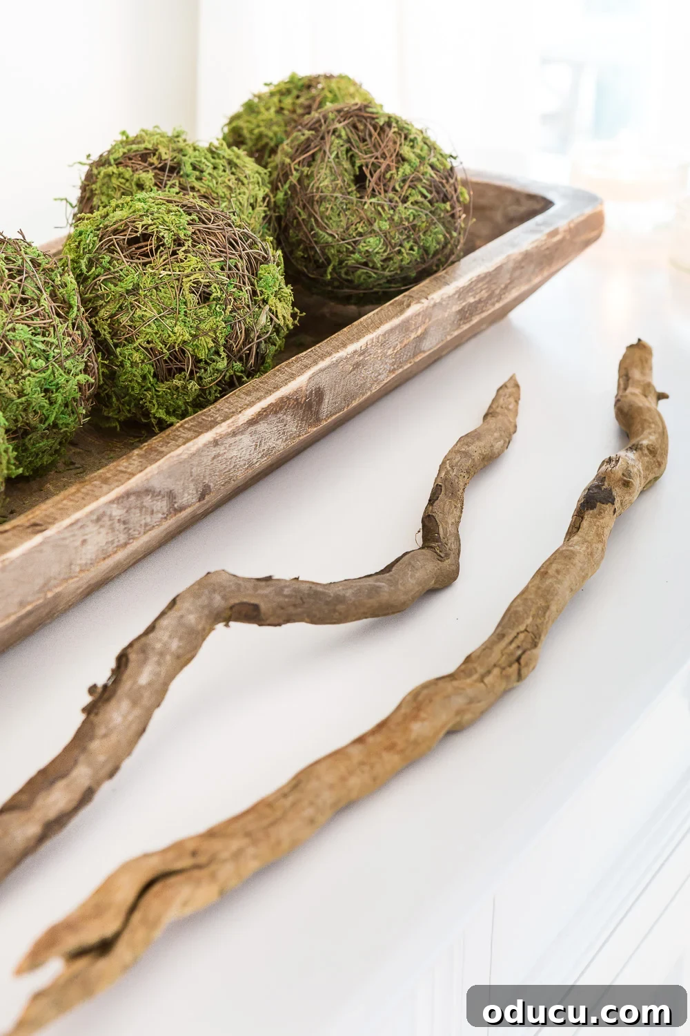 How to use items from nature to decorate the top of a TV console.