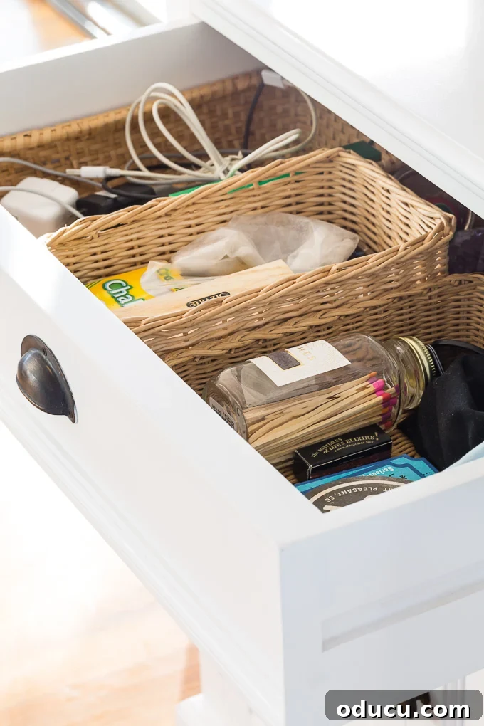 Idea on how to organize contents of drawer in buffet that is under a wall mounted TV.