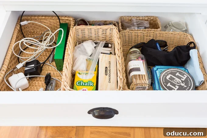 Organizing a drawer with small baskets