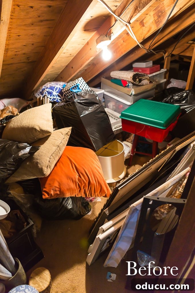 Messy and unorganized attic storage area