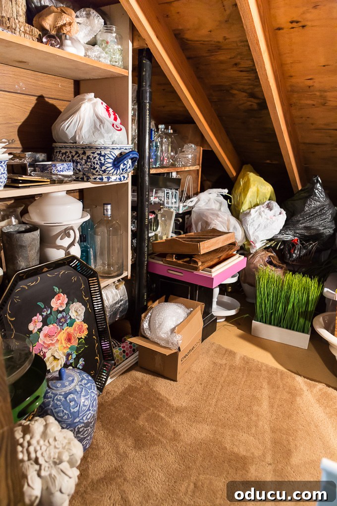 Small attic used as a place for seasonal decor storage